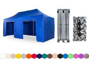 Nůžkový párty stan 4x8 m TENTino BIG HEXAGON EXTREME Barva opláštění: 8A - MODRÁ