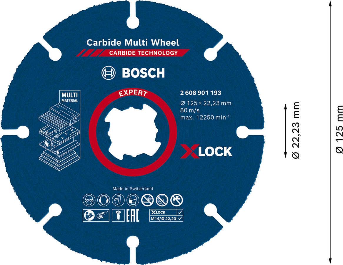 Kotouč řezný Bosch Carbide Multi Wheel X-LOCK 115×1 mm Dostupné varianty: Víceúčelový řezný kotouč Bosch EXPERT Carbide Multi Wheel systému X-LOCK ø 125 mm