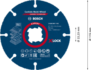 Kotouč řezný Bosch Carbide Multi Wheel X-LOCK 115×1 mm Dostupné varianty: Víceúčelový řezný kotouč Bosch EXPERT Carbide Multi Wheel systému X-LOCK ø 115 mm