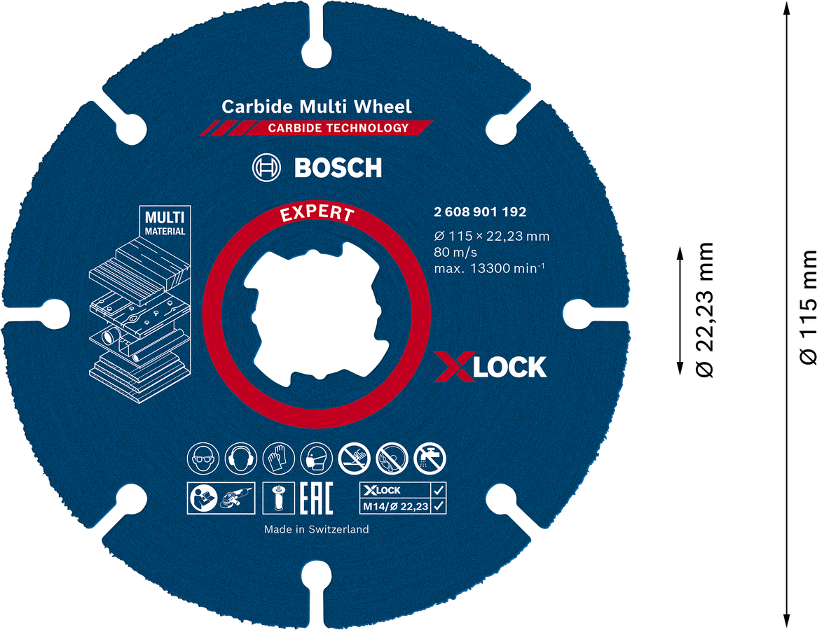 Kotouč řezný Bosch Carbide Multi Wheel X-LOCK 115×1 mm Dostupné varianty: Víceúčelový řezný kotouč Bosch EXPERT Carbide Multi Wheel systému X-LOCK ø 115 mm