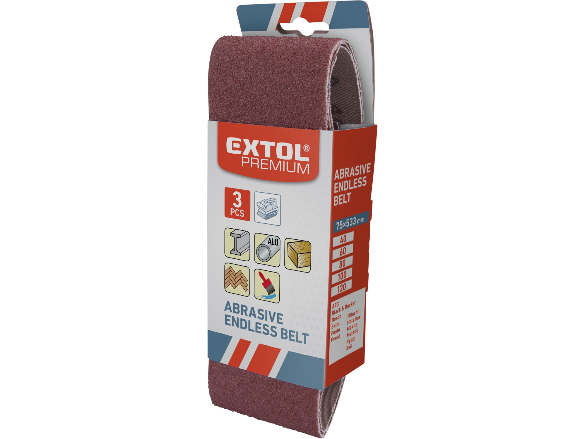 3 dílná sada brusných pásů EXTOL PREMIUM 75x457 mm Dostupné varianty: 3 dílná sada brusných pásů EXTOL PREMIUM 75x457 mm/80 hrubost