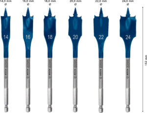 Sada plochého frézovacího vrtáku do dřeva Bosch EXPERT Self Cut Speed Dostupné varianty: 6dílná sada plochého frézovacího vrtáku do dřeva Bosch EXPERT Self Cut Speed 14/16/18/20/22/24 mm