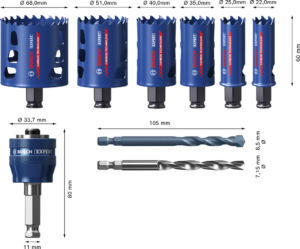 9dílná sada děrovek Bosch EXPERT Tough Material 22-68 mm Dostupné varianty: 9dílná sada děrovek Bosch EXPERT Tough Material 22/25/35/40/51/68 mm