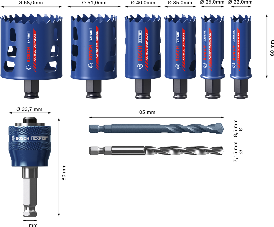 9dílná sada děrovek Bosch EXPERT Tough Material 22-68 mm Dostupné varianty: 9dílná sada děrovek Bosch EXPERT Tough Material 22/25/35/40/51/68 mm