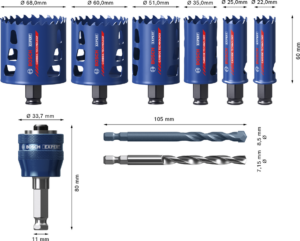 9dílná sada děrovek Bosch EXPERT Tough Material 22-68 mm Dostupné varianty: 9dílná sada děrovek Bosch EXPERT Tough Material 22/25/35/51/60/68 mm