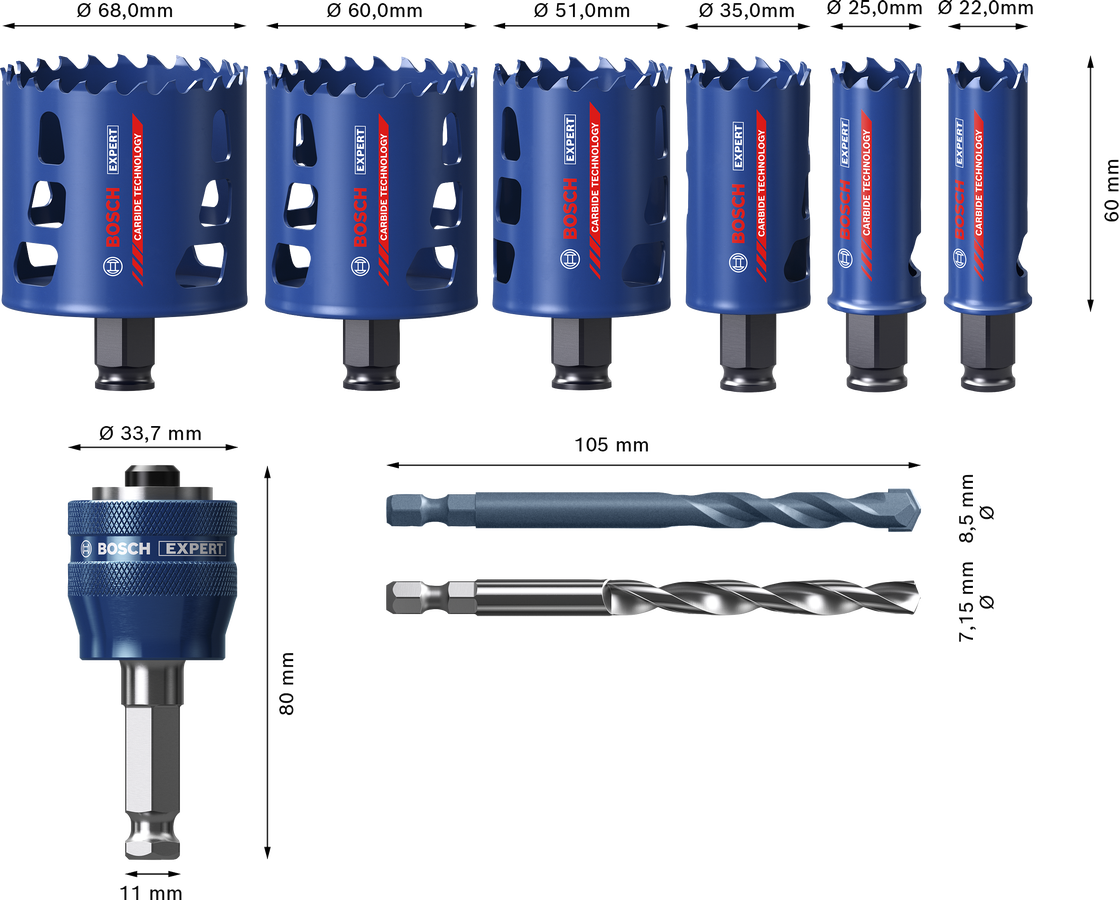 9dílná sada děrovek Bosch EXPERT Tough Material 22-68 mm Dostupné varianty: 9dílná sada děrovek Bosch EXPERT Tough Material 22/25/35/51/60/68 mm