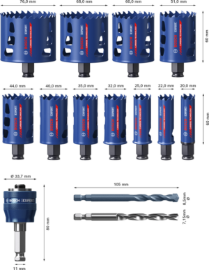 14dílná sada děrovek Bosch EXPERT Tough Material 20-76 mm Dostupné varianty: 14dílná sada děrovek Bosch EXPERT Tough Material 20/22/25/32/35/40/44/51/60/68/76 mm