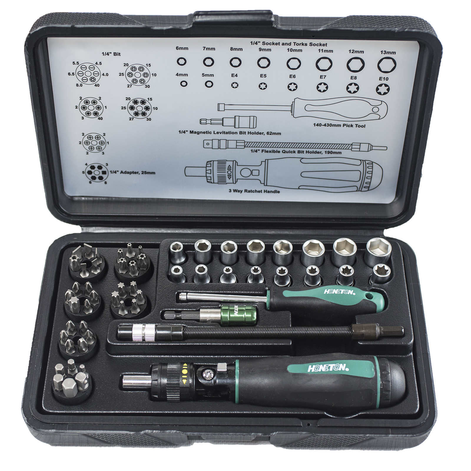 Šroubovák se sadou bitů a hlavic (56 ks) HONITON