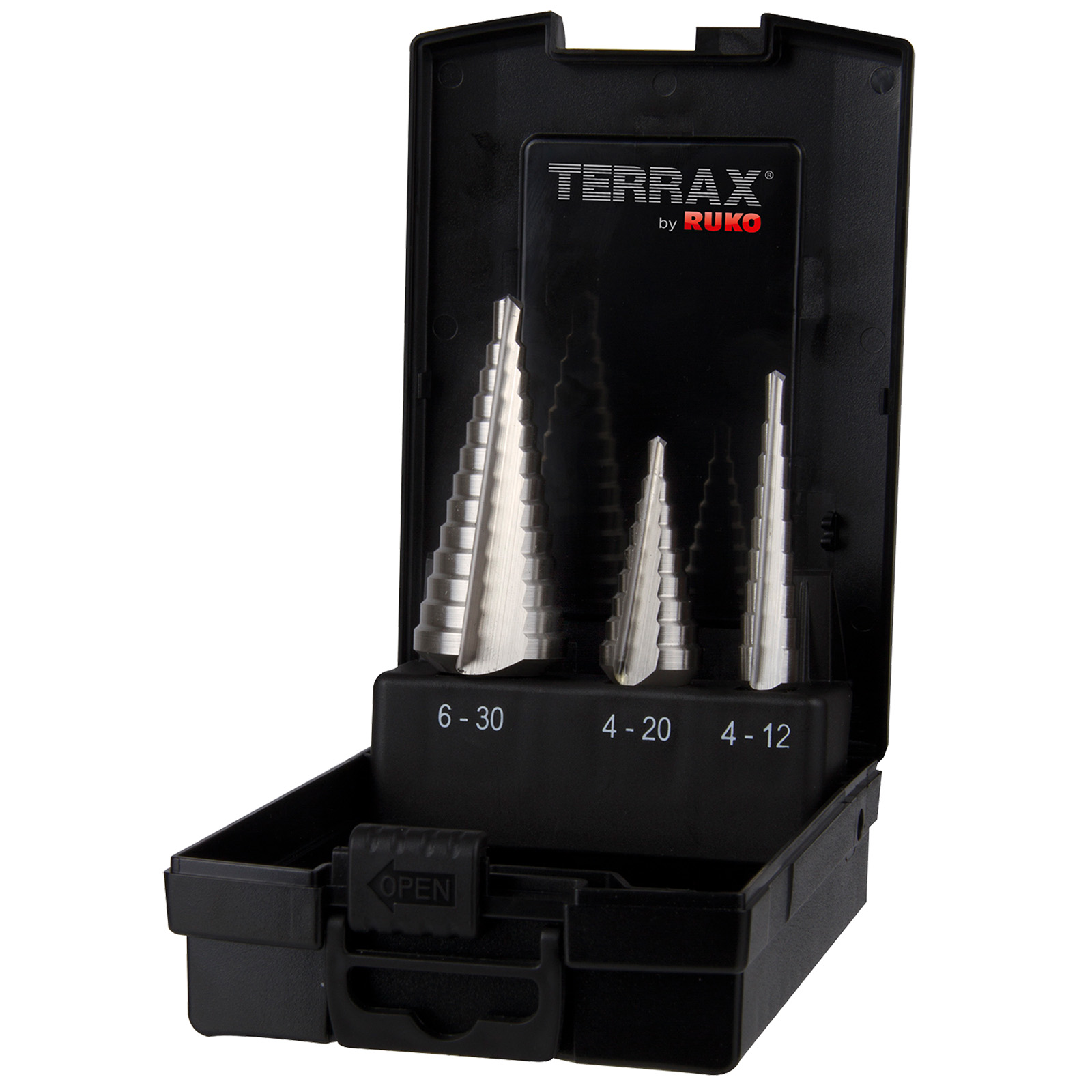 Sada stupňovitých vrtáků HSS (3ks) RUKO ø 4-12 mm/ø 4-20 mm/ ø 6-30 mm