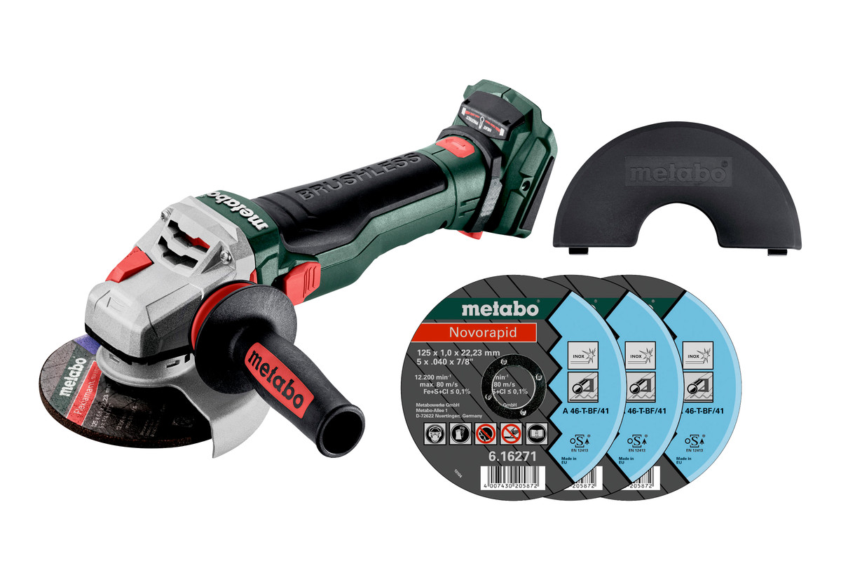 METABO Set WB 18 LTX BL 15-125 Quick (verze bez aku) 18V aku úhlová bruska + sada kotoučů