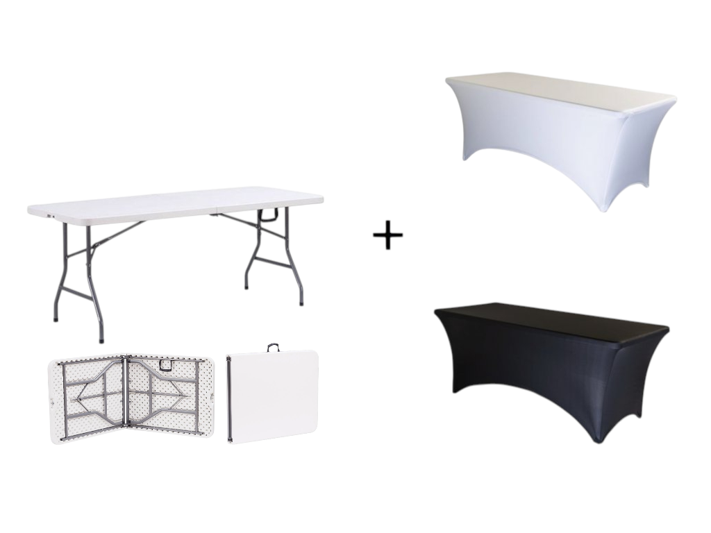 TENTino AKCE! Skládací stůl 240x76 cm WHITE PŮLENÝ + ubrus ZDARMA Barva ubrusu: ČERNÁ / BLACK